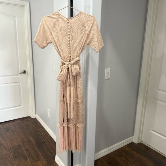 Tulle Jour Crochet Fringe Boho Western Elegant Lace Beige Pink Midi Dress XS - Picture 5 of 5